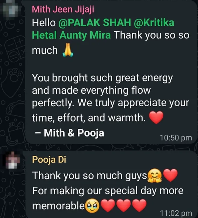 Two WhatsApp messages from Mith and Pooja thanking Palak Shah for their special day (profile photos blurred)