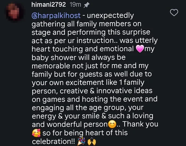 Instagram comment from himani2792 on @harpalkihost about the baby shower Palak Shah hosted for her (profile photo blurred)