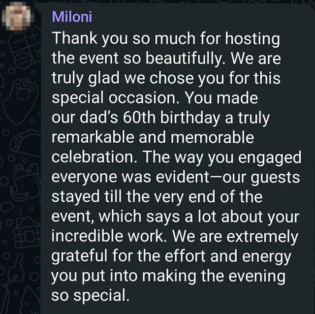 WhatsApp message from Miloni thanking Palak Shah for hosting her dad’s 60th birthday celebration (profile photo blurred)