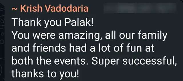 WhatsApp message from Krish Vadodaria thanking Palak Shah after both of their events (phone number blurred)